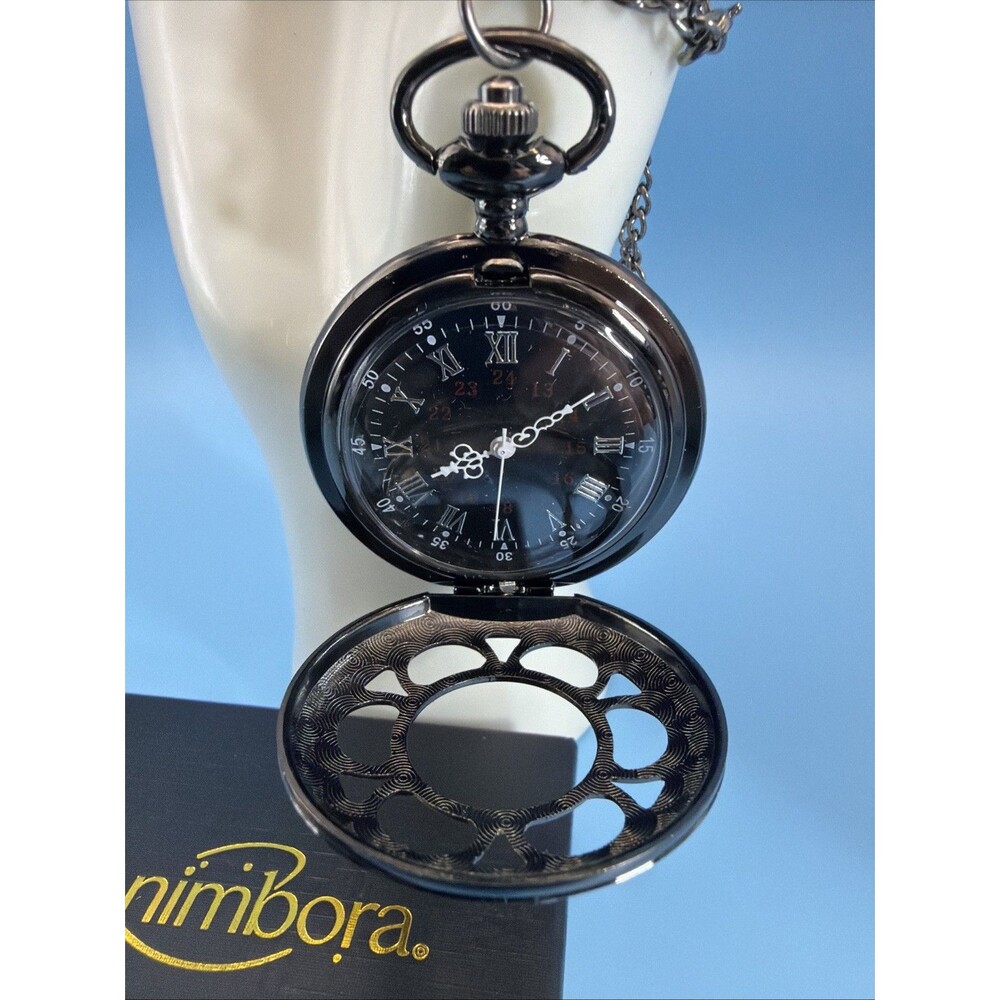 Unisex Pocket Watch/Necklace Black Skeleton Retro 16" Chain Luxury Watch Quartz
